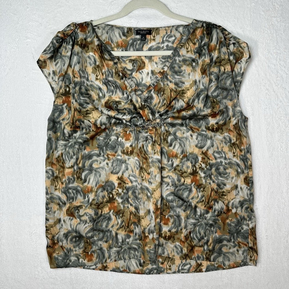 Talbots Watercolor Floral Blouse 14 Earthy Rose Surplice V-Neck Cap Sleeve Art‎
